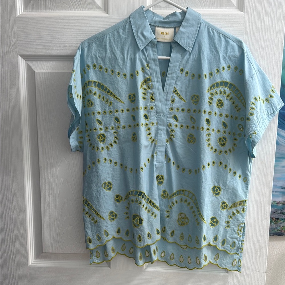 Maeve Light Blue Short-Sleeve Button-Down Shirt with Green Embroidery